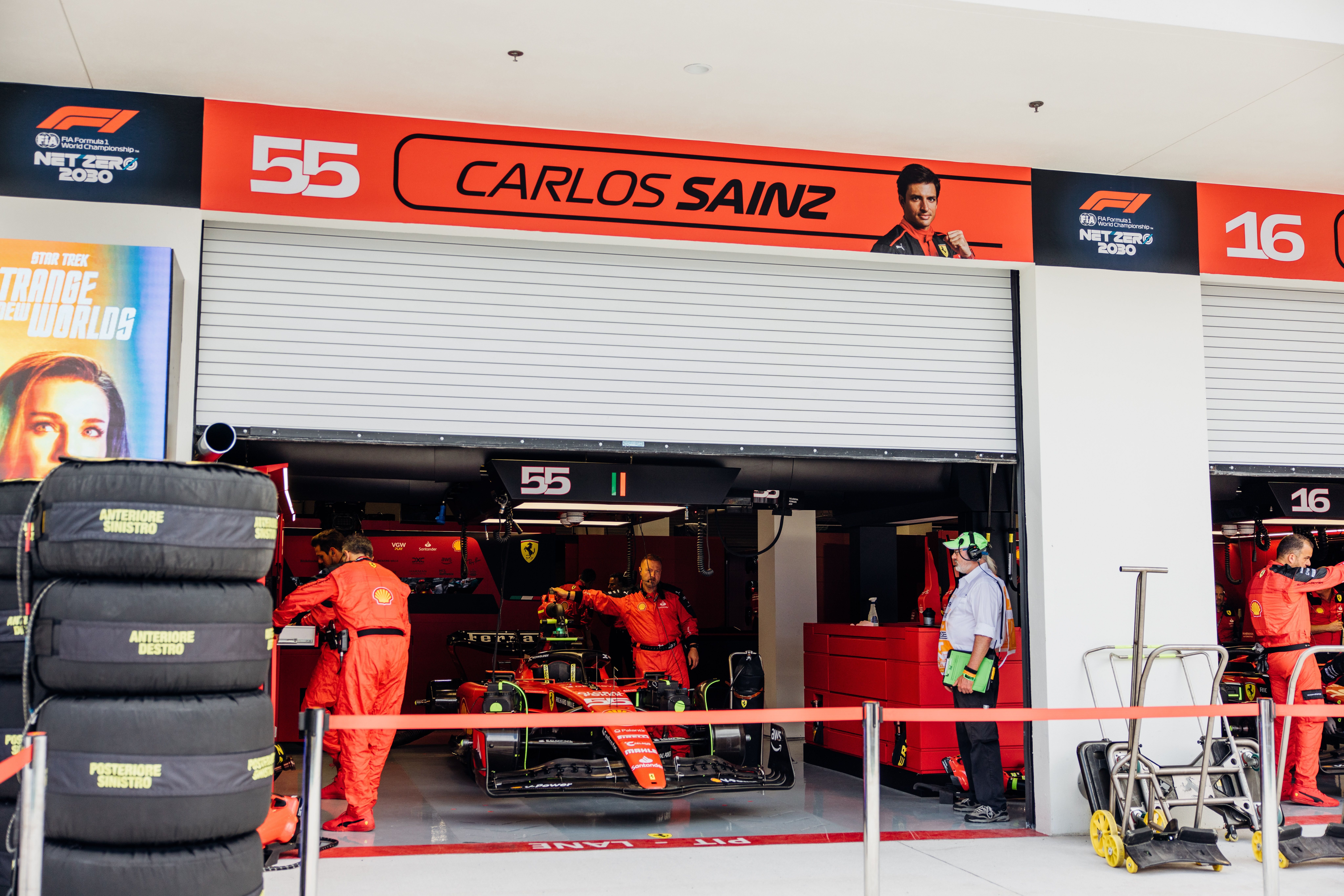 Carlos Sainz’s Ferrari Formula 1 garage during a race weekend