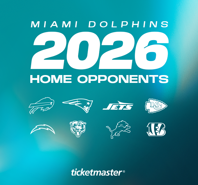 680×636 mobile HOME An image of the Dolphins 2026 home opponents logos: Buffalo Bills, New England Patriots, New York Jets, Kansas City Chiefs, Los Angeles Chargers, Chicago Bears, Detroit Lions and Cincinnati Bengals.