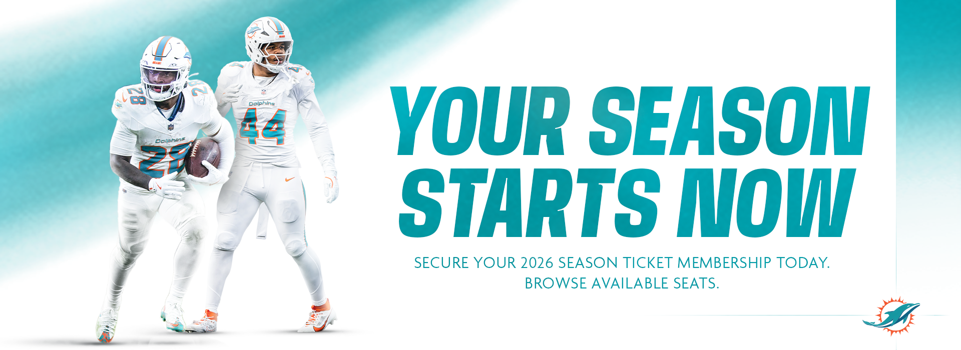 Graphic in aqua and white featuring Achane and Chop Robinson. Text reads "Your season starts now"